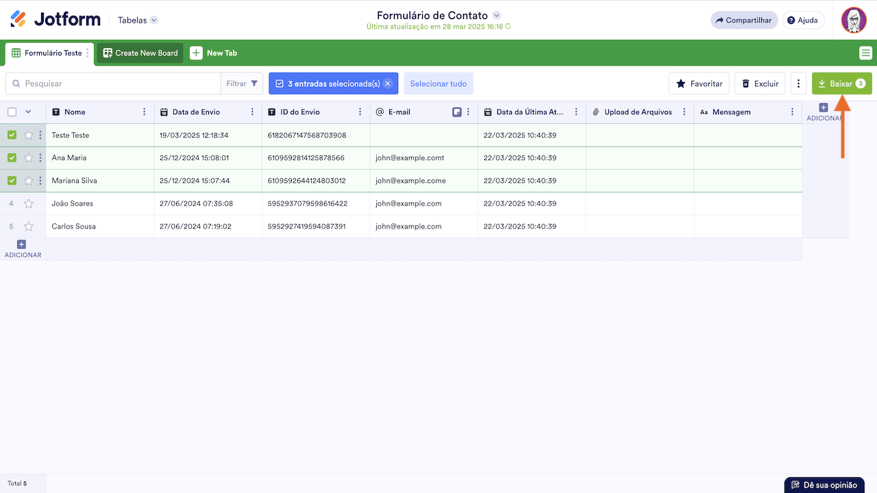 Botão para download de envios
