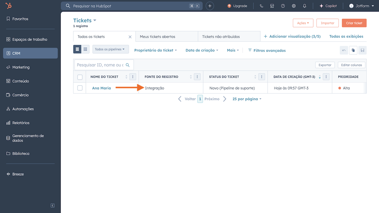 Novo ticket no hubspot via integração