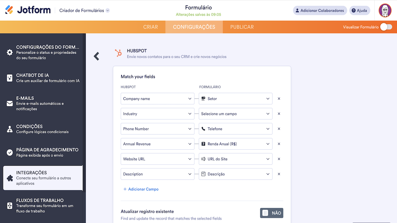 Criando empresa na integração ao hubspot