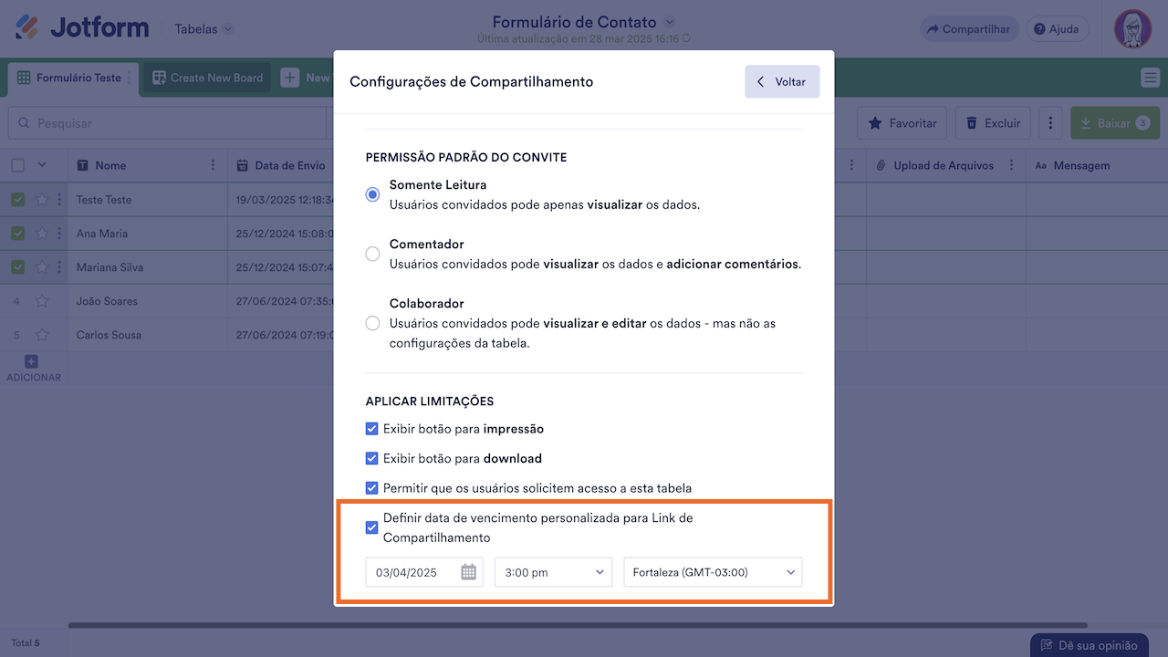 Definindo data de vencimento para o link de convite