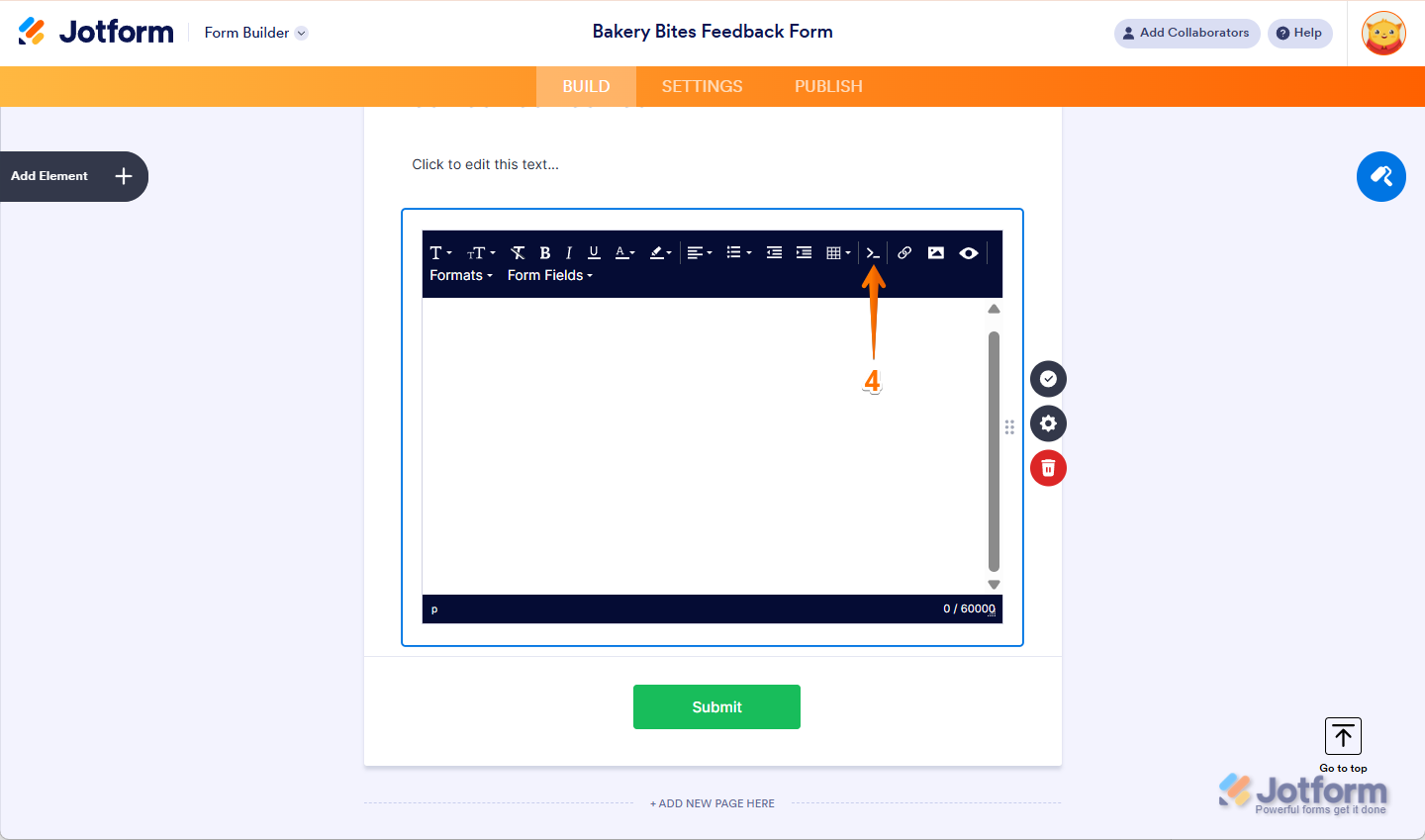 Click Source Code icon in Paragraph Editor in Jotform
