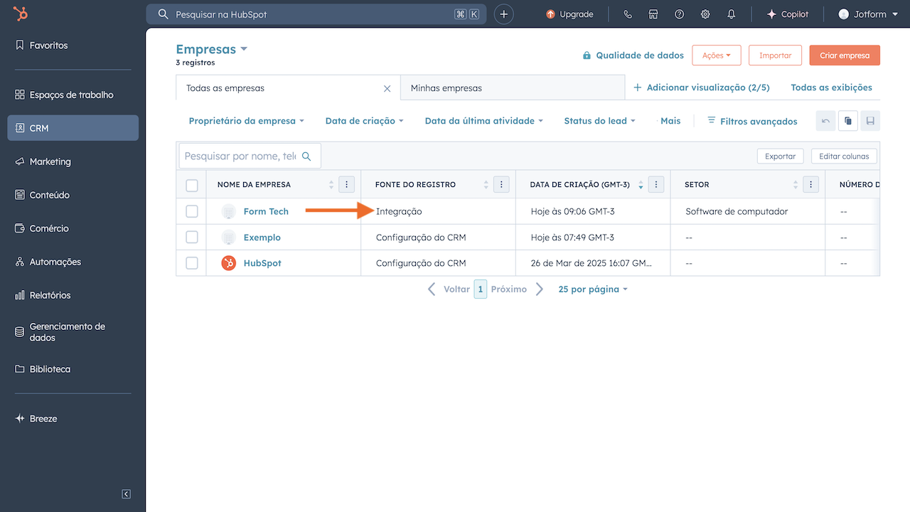 Nova empresa no hubspot via integração