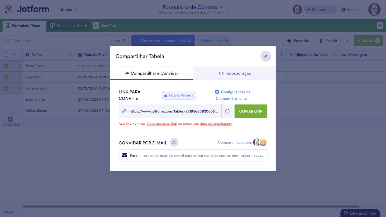 Gere um novo link para sua tabela