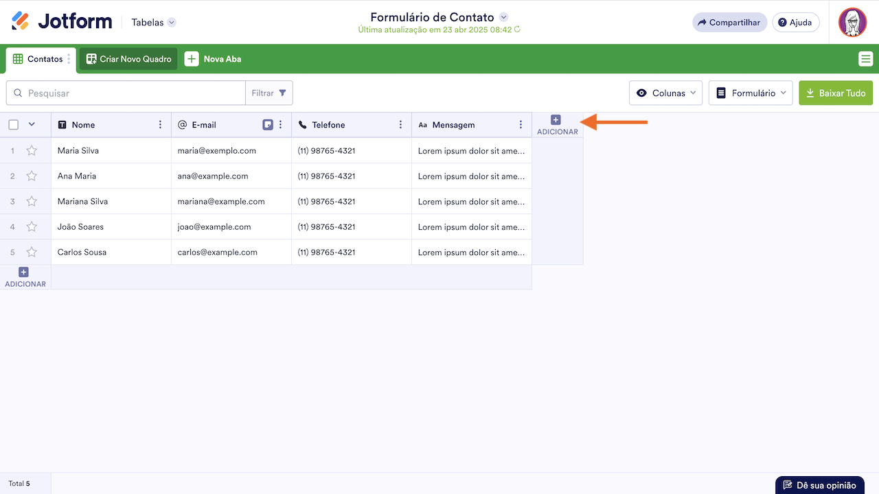 Adicionando nova coluna no Jotform Tabelas