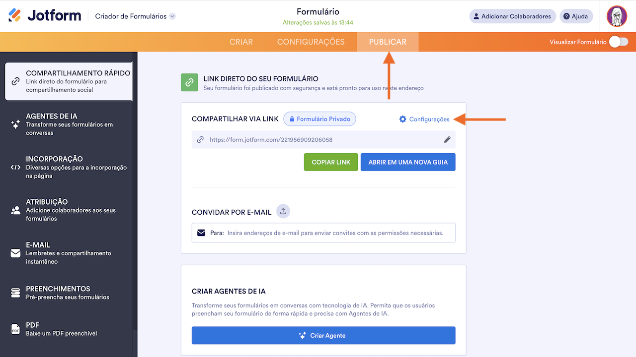 Configurações de acesso na guia Publicar do Criador de Formulários