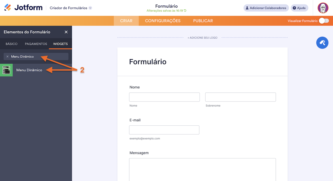 Adicionando widget Menu Dinâmico ao formulário