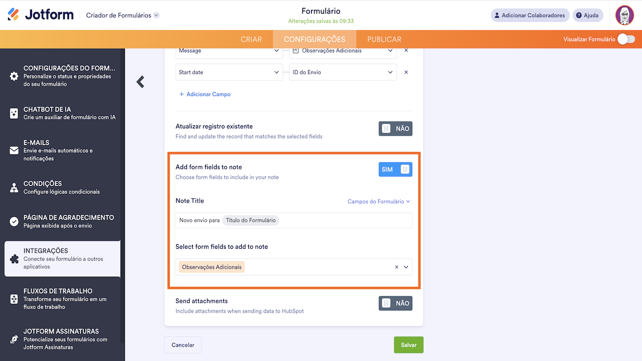 Adicionar campo como Observação ao registro no hubspot