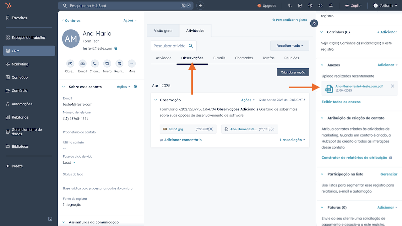 Anexos e observações exibidas no hubspot