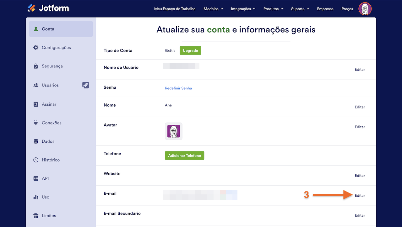 Clicando no link Editar ao lado do e-mail