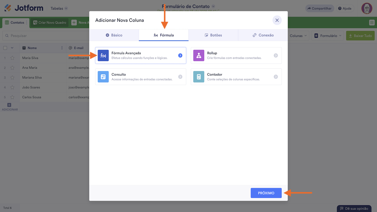 Criando nova fórmula avançada no Jotform Tabelas