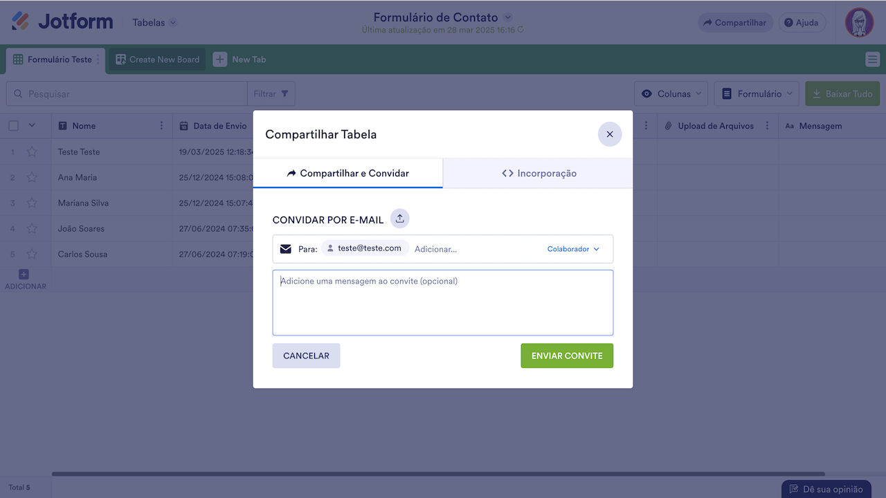 Jotform Tabelas - Compartilhar por E-mail