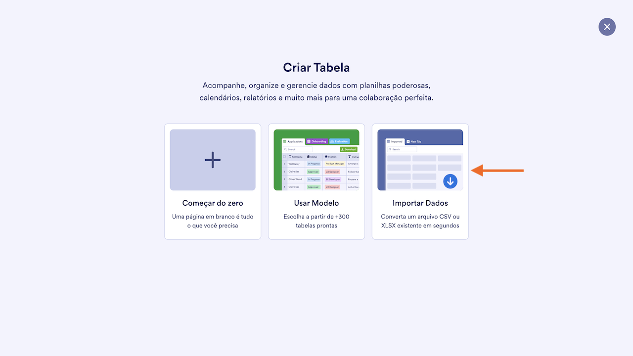 Opção Importar Dados