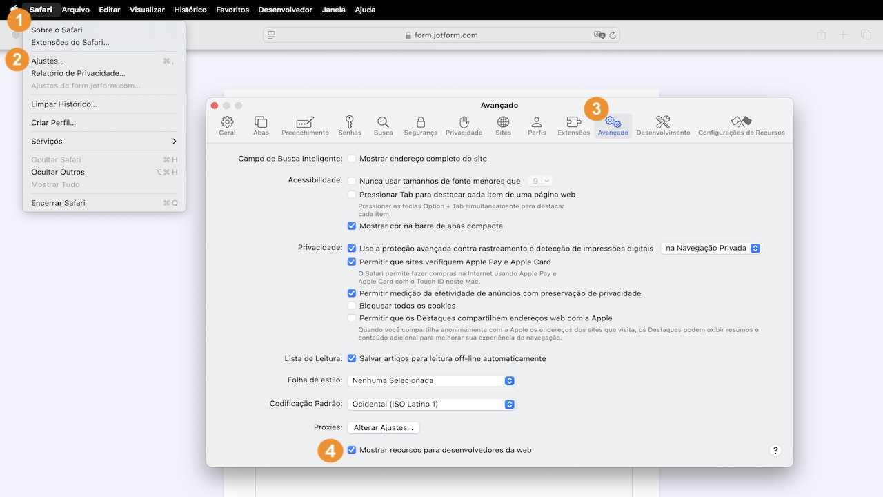Ativar opções do desenvolvedor no Safari