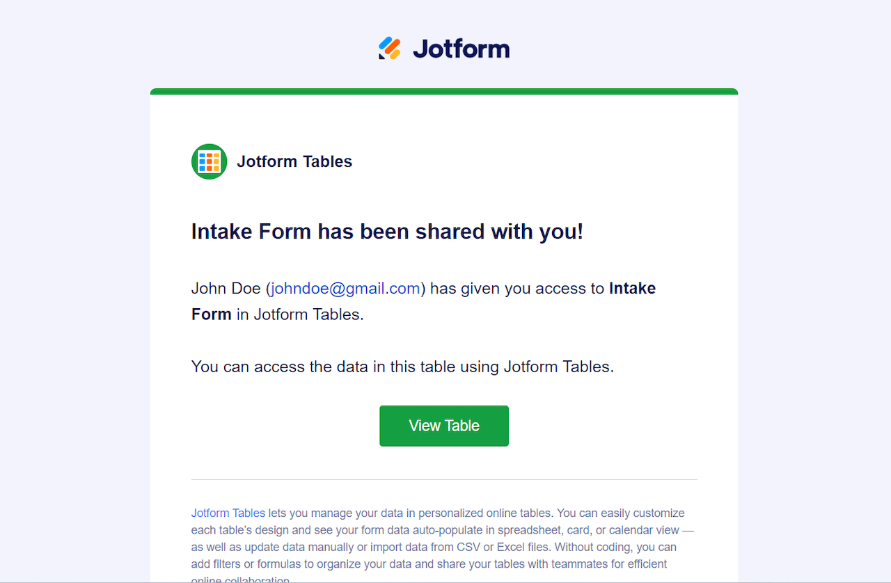 E-mail de compartilhamento da tabela