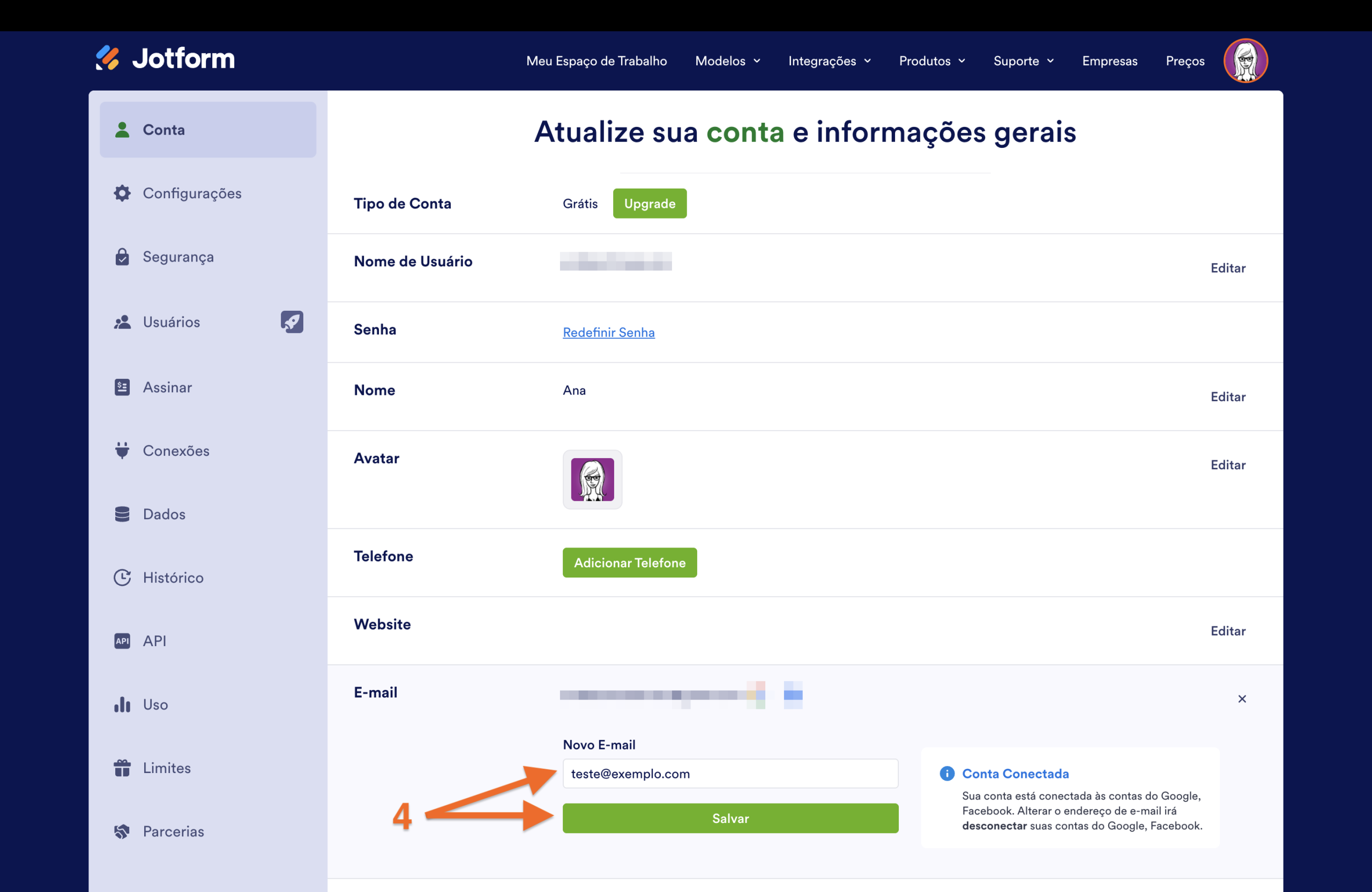 Alterando o e-mail no campo exibido