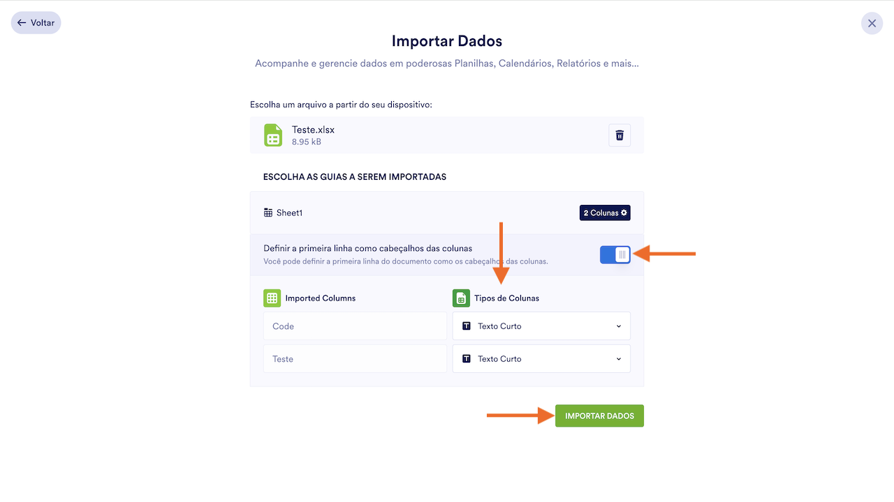 Configurações dos dados importados