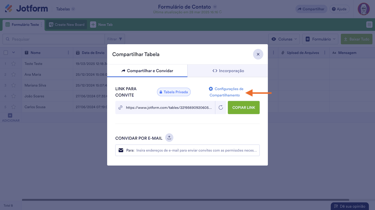 Jotform Tabelas - Configurações de Compatilhamento 1