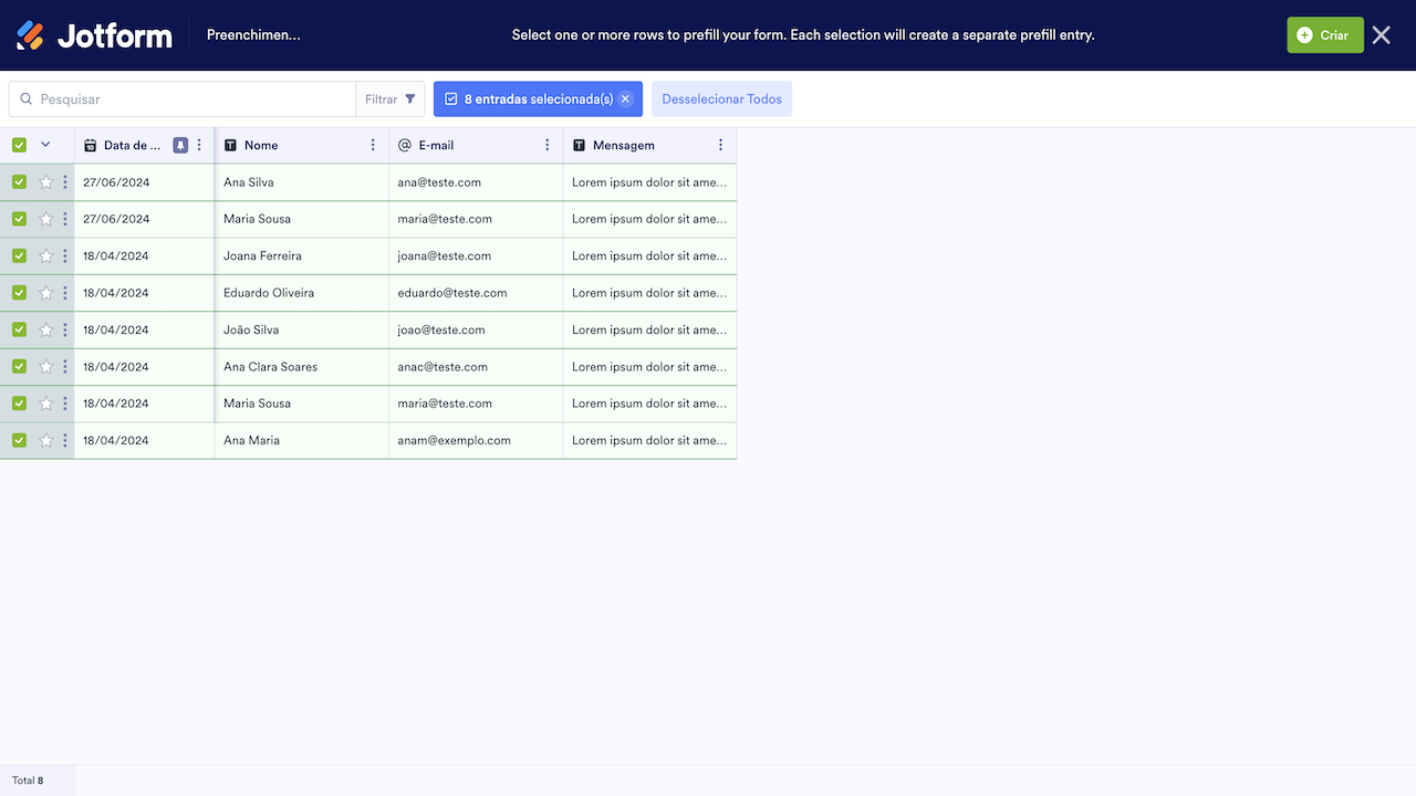 Selecionando envios para pré-preenchimento