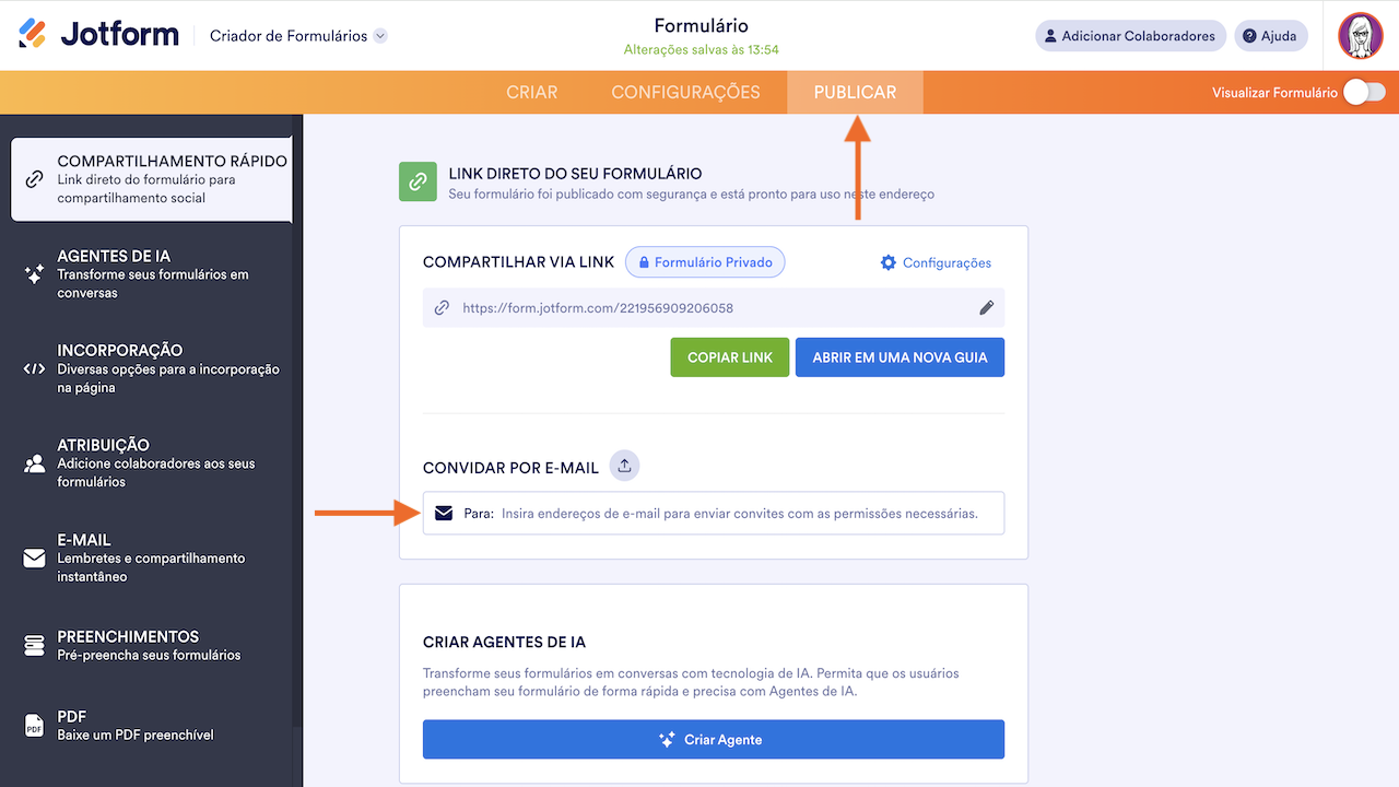 Adicionando e-mails para envio do convite para preencher o formulário