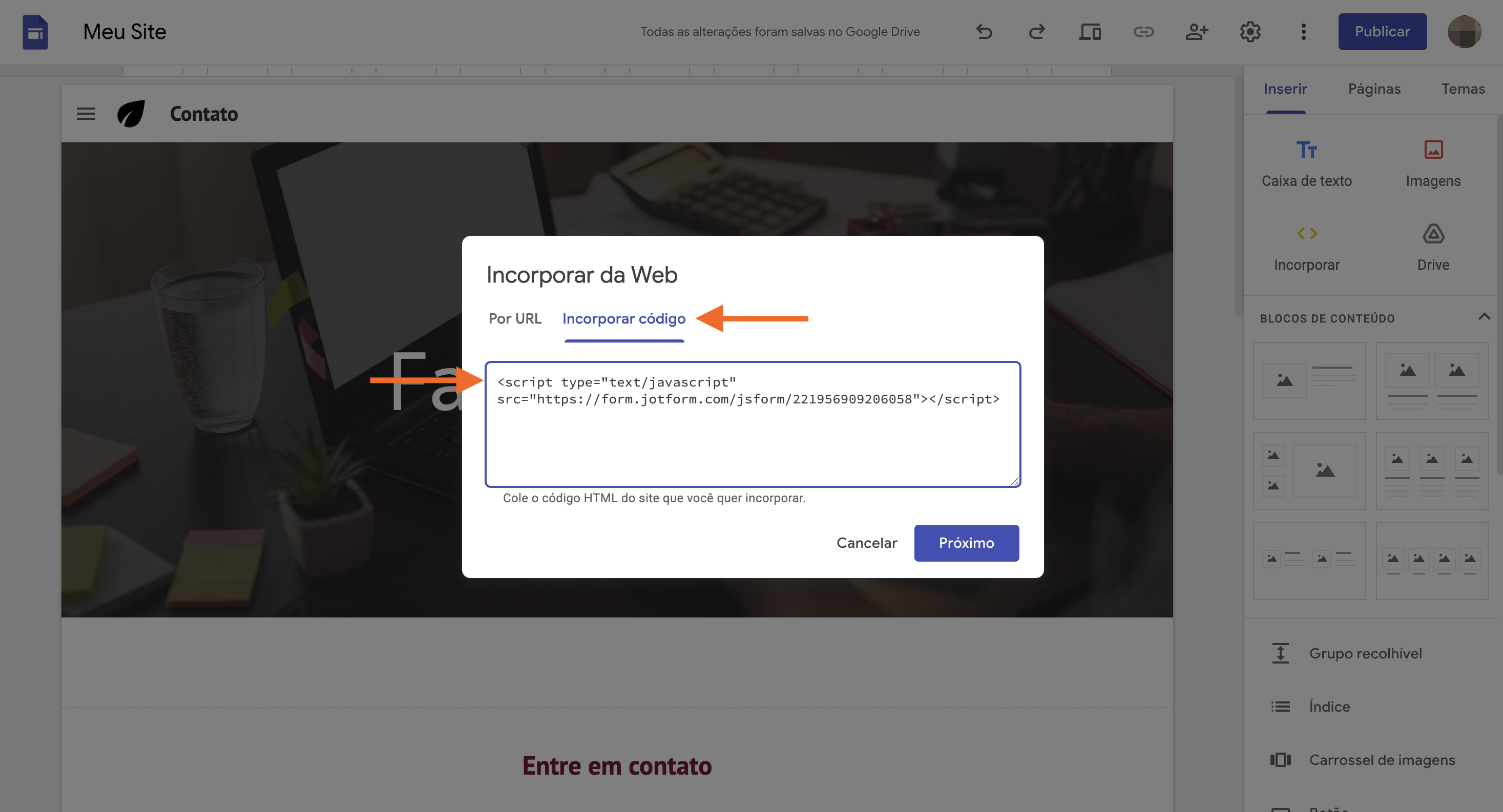 Cole o código e clique em Próximo