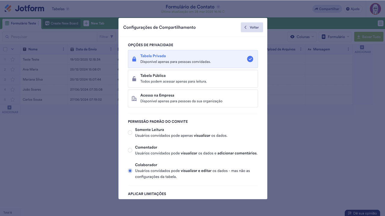 Jotform Tabelas - Configurações de Compatilhamento 2