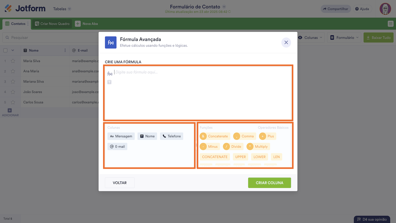 Seções da janela de criação de nova fórmula