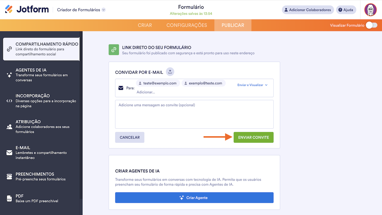 Enviando convite por e-mail