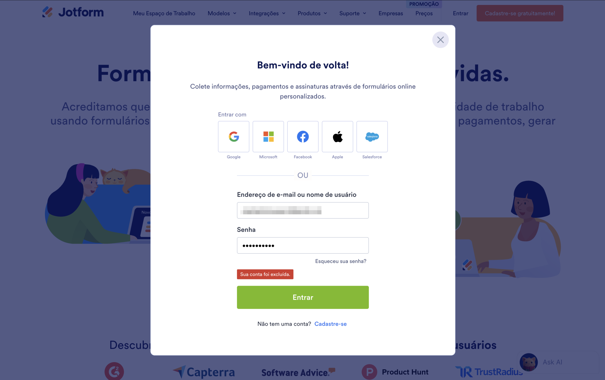 Conta excluída