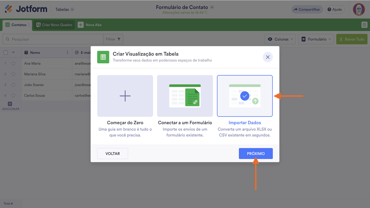 Importar dados para Tabela