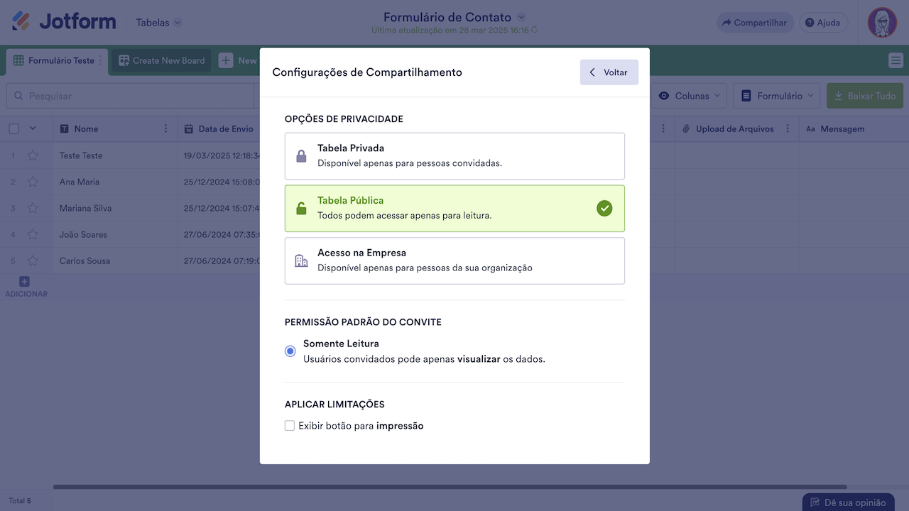 Jotform Tabelas - Opções da tabela pública