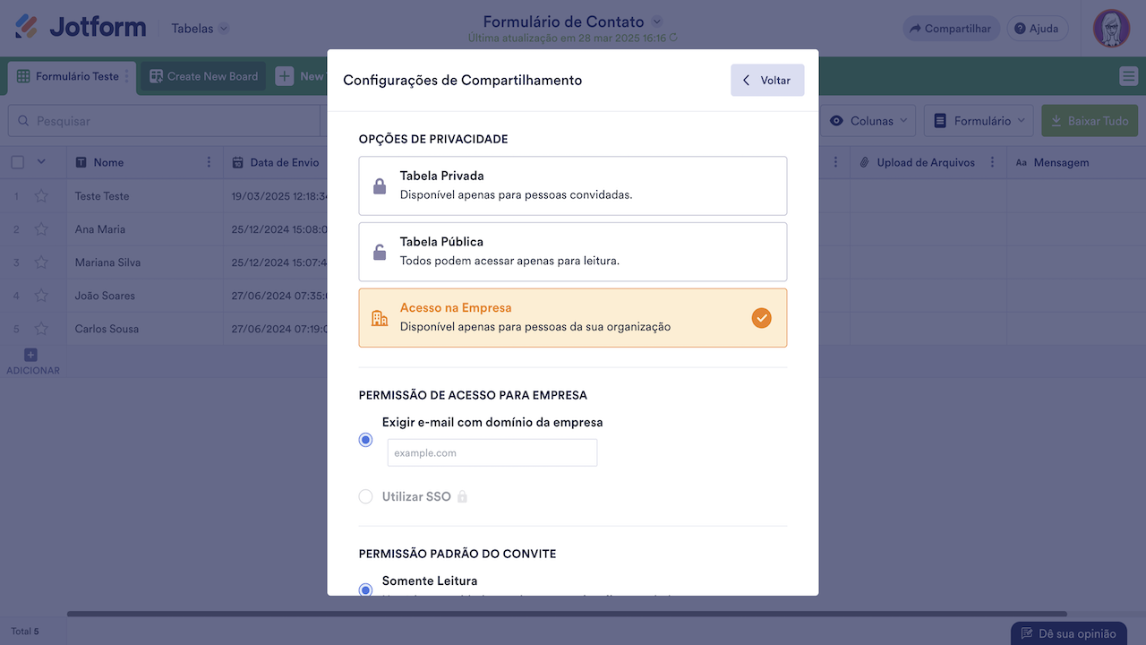 Jotform Tabelas - Opções de acesso na empresa