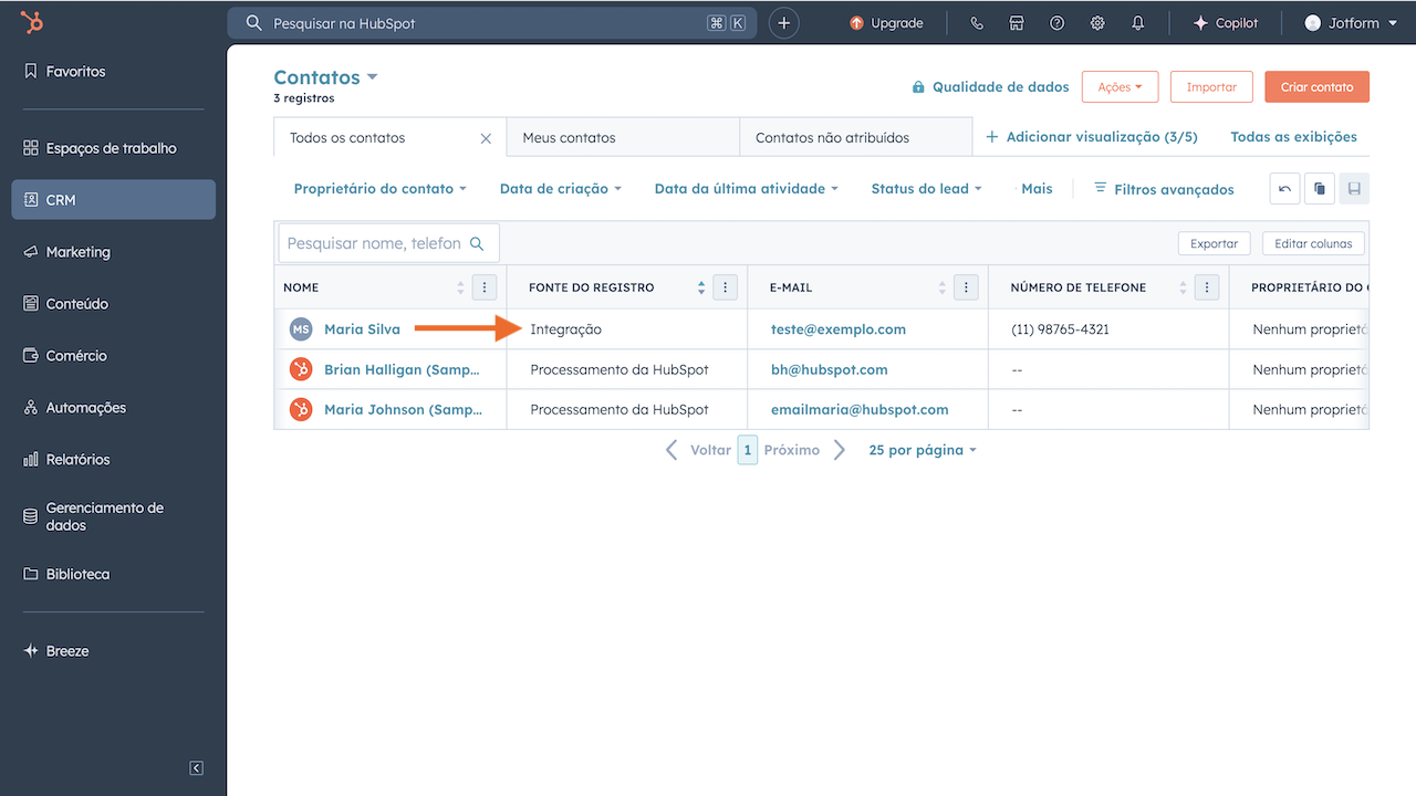 Novo contato no hubspot via integração