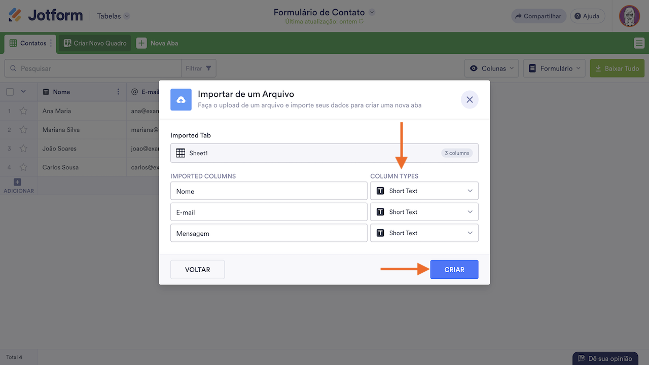 Selecionando tipos de colunas para importar