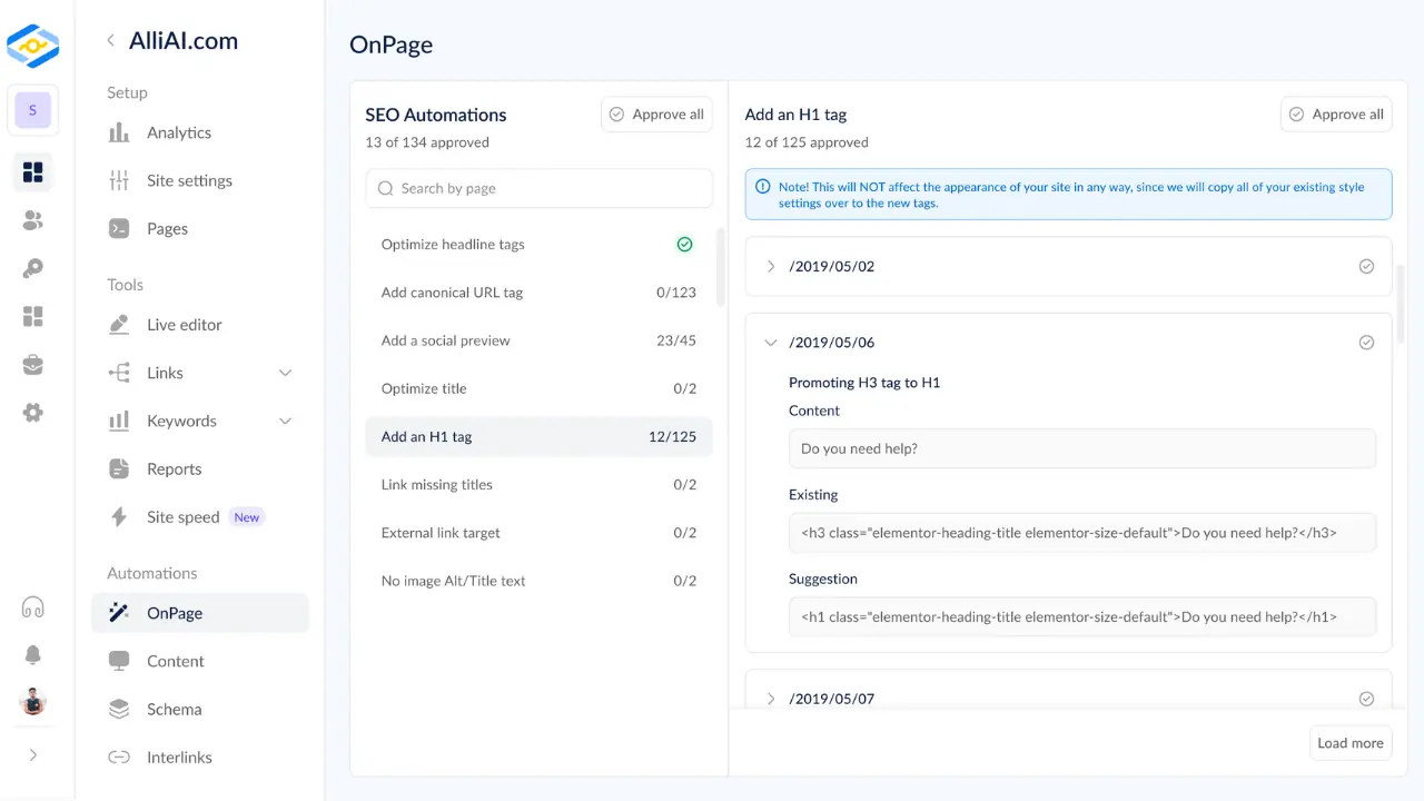 Alli AI user interface