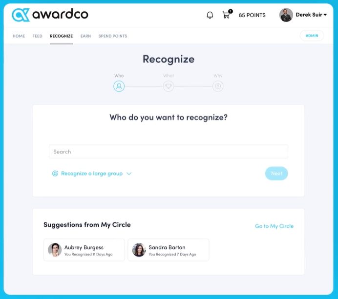 Awardco user interface