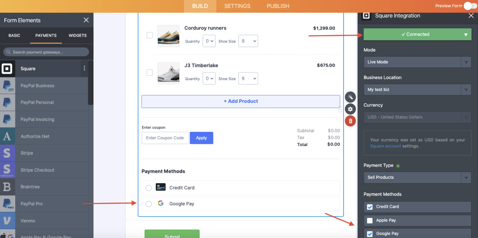 Capture d'écran du Générateur de formulaires Jotform montrant la connexion au compte Square lorsque l’on sélectionne Google Pay dans les options de modes de paiement