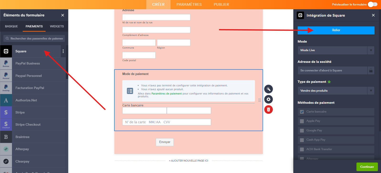 Capture d'écran du menu Paiements avec une flèche indiquant où sélectionner l'intégration Square