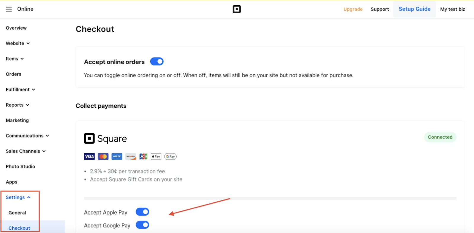 Capture d'écran du tableau de bord d'un magasin Square en cliquant sur Accepter Apple Pay et Google Pay