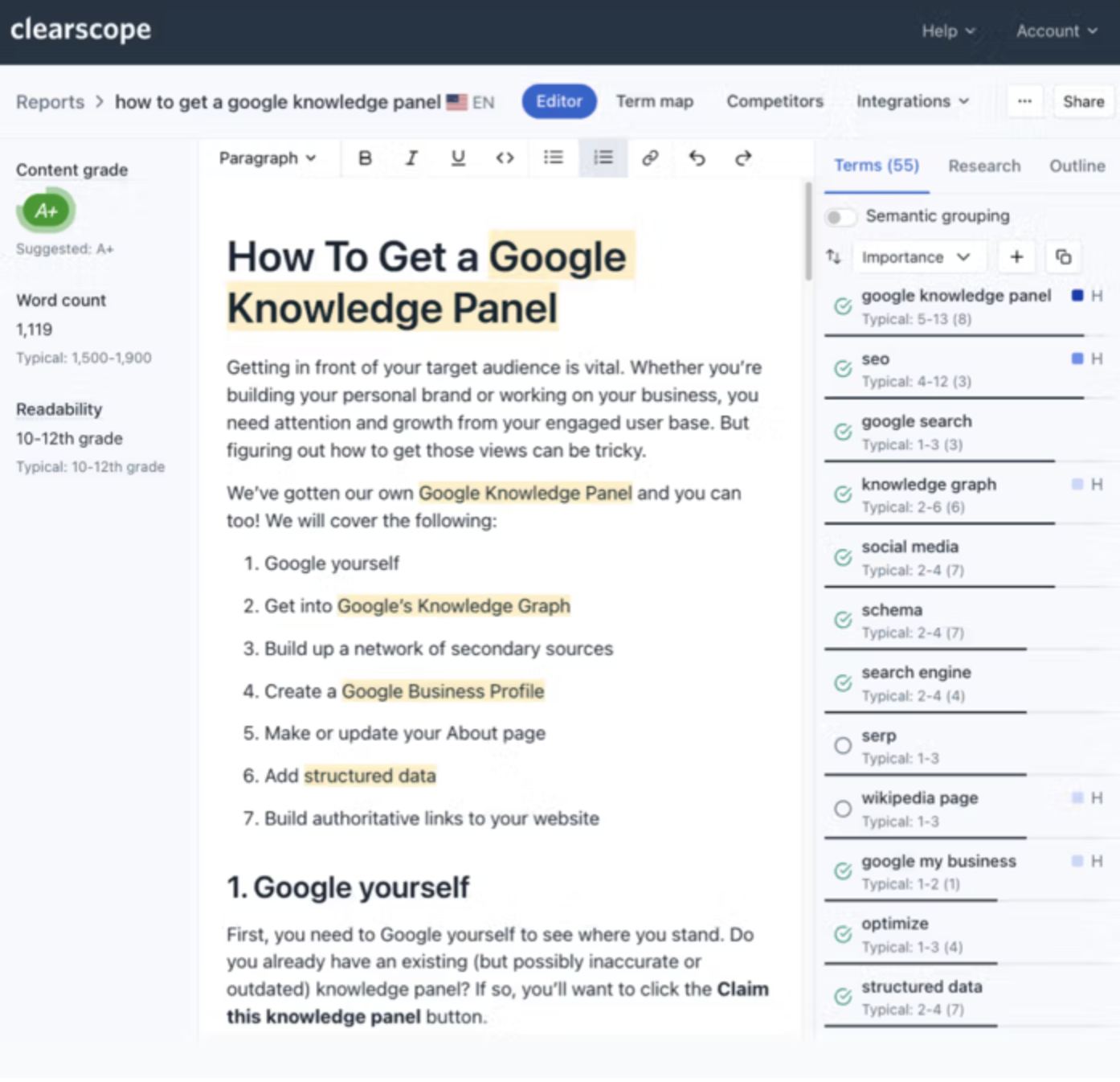 Clearscope user interface