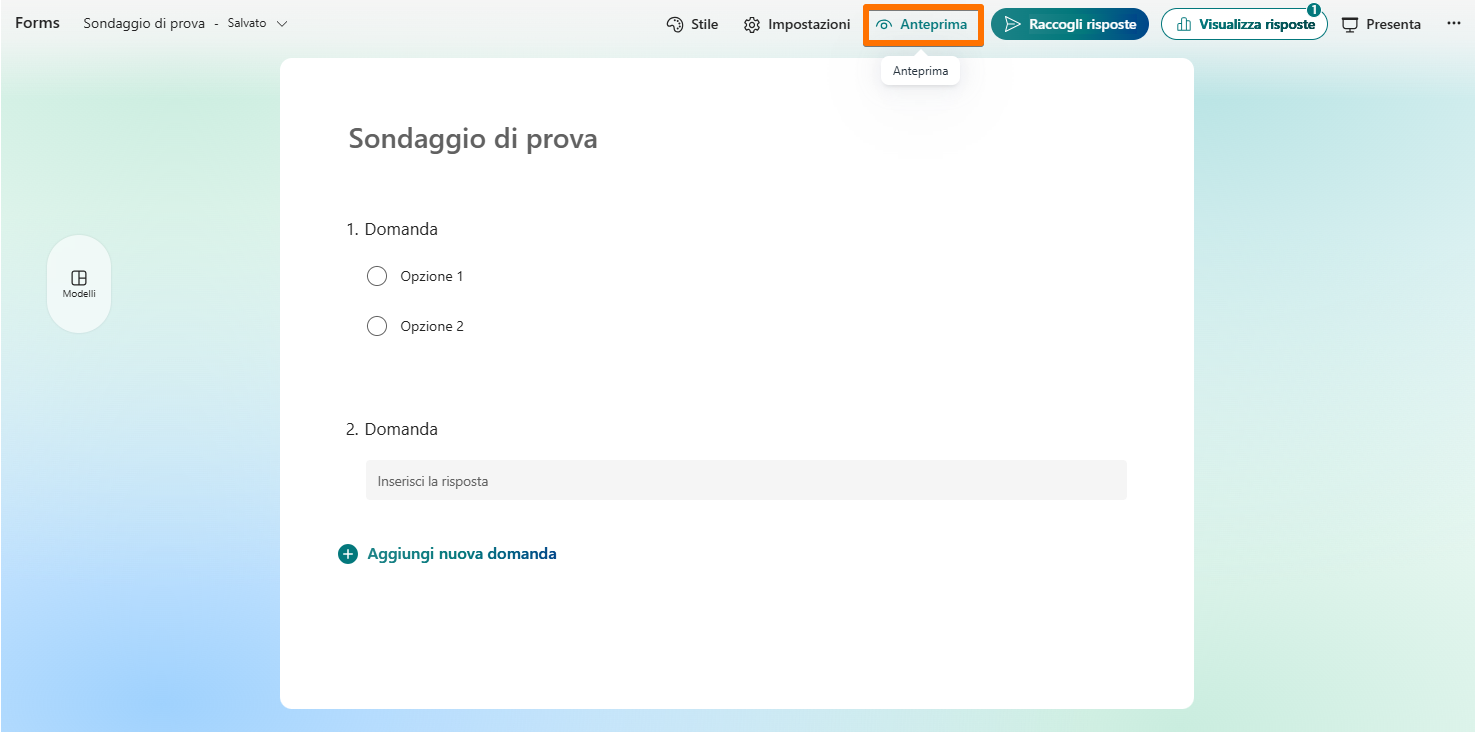 Cliccando sul pulsante di anteprima nel sondaggio di prova