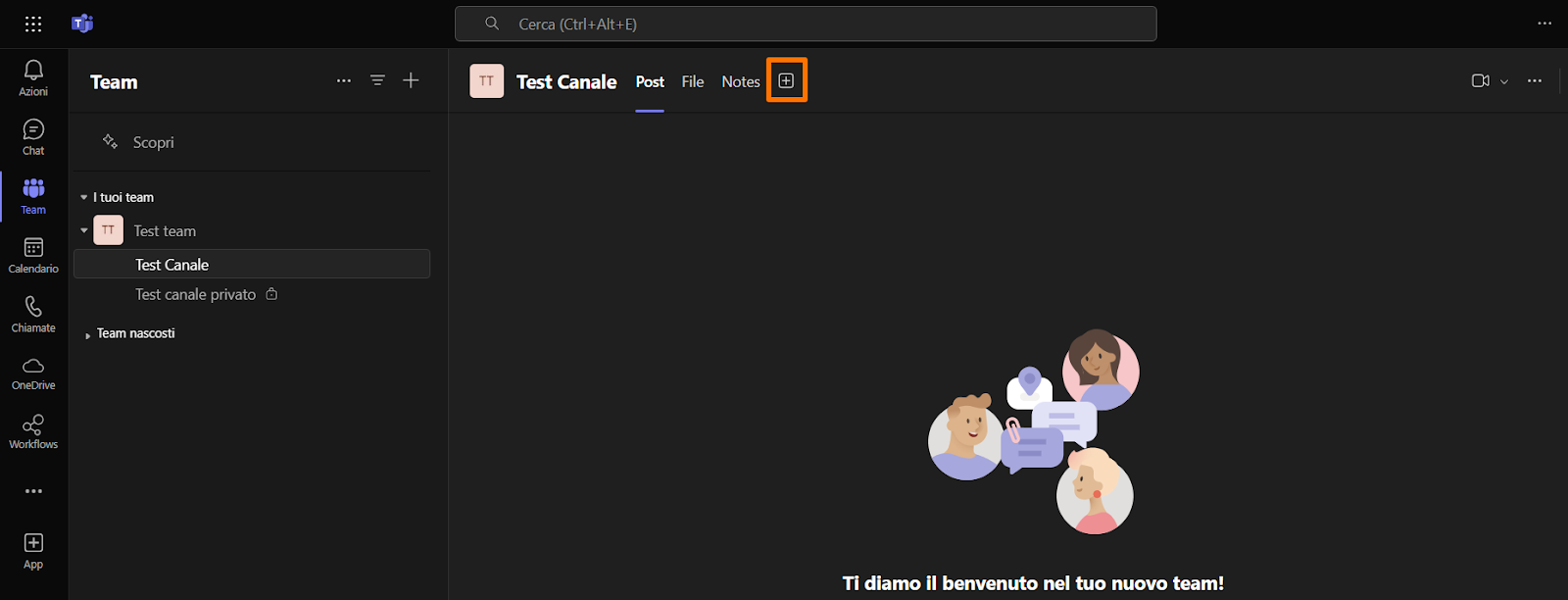 Fai clic sull'icona del segno più per aggiungere una scheda al canale