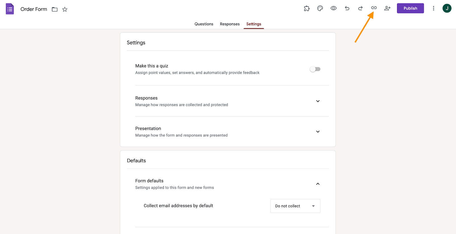 Halaman pengaturan Google Forms