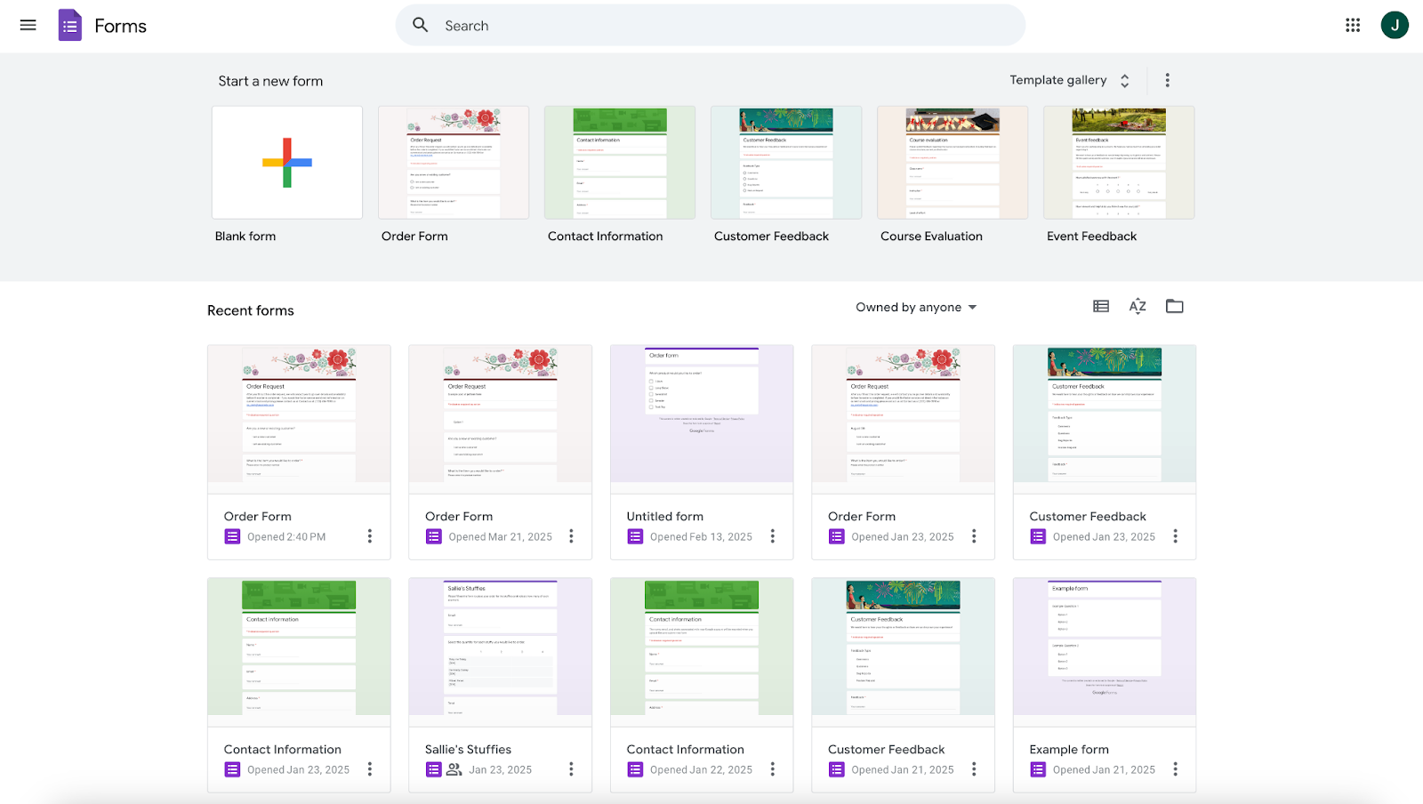 screenshot of google forms template page