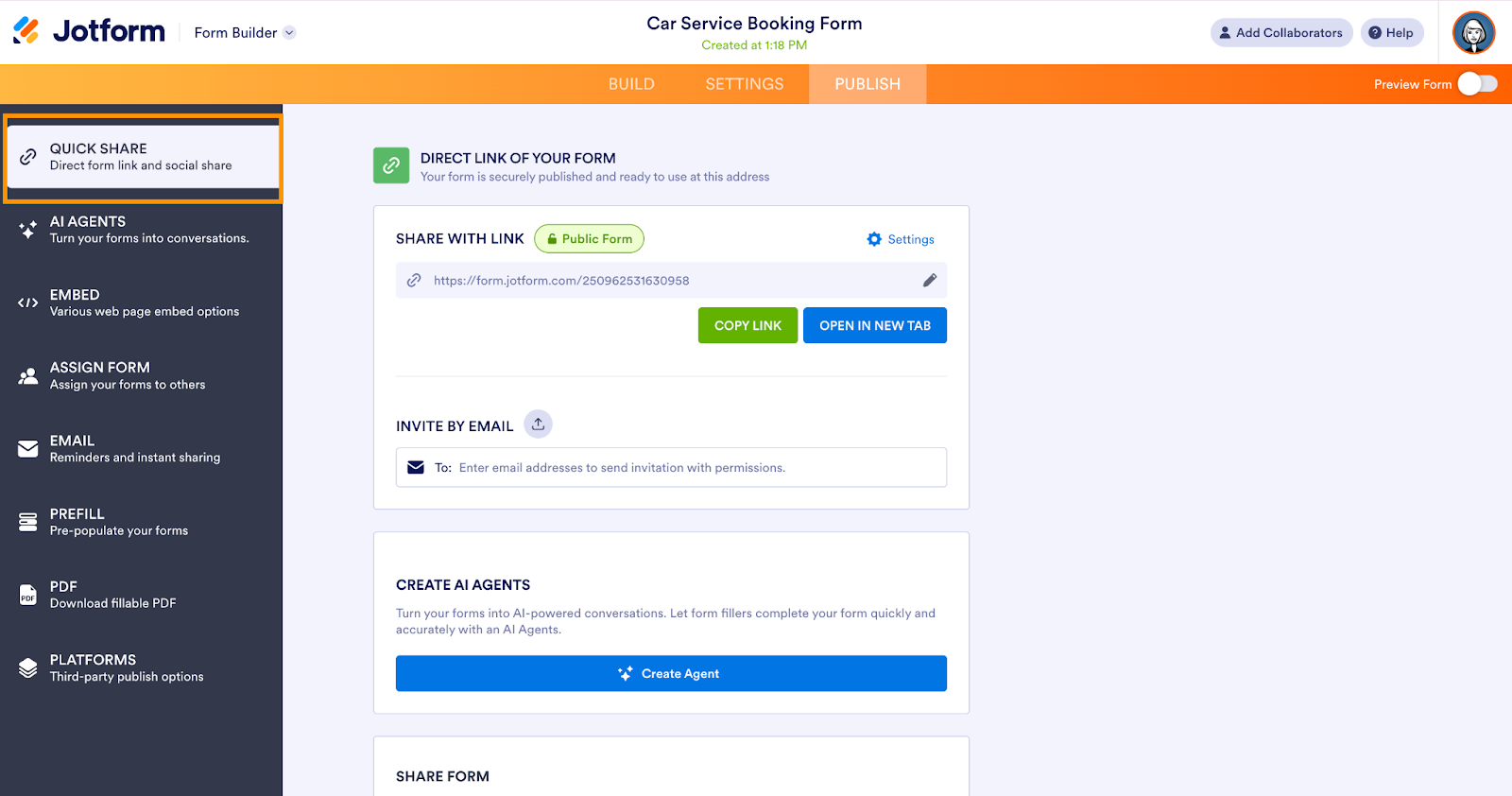 Jotform自動車サービス予約フォームの共有オプション