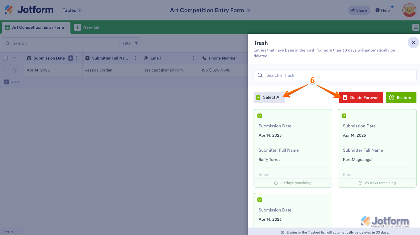 Jotform Trash menu on the right side of the Submission Table, showing 'Select All' and individual deleted submissions with the 'Delete Forever' button highlighted to permanently remove them