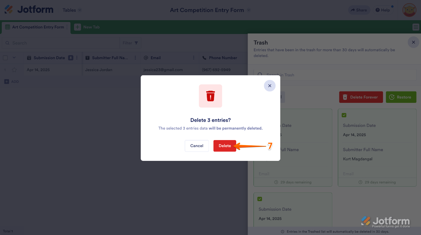 Jotform confirmation window prompting permanent deletion, with the 'Delete' button highlighted as the final step to permanently remove trashed submissions from the Submission Table