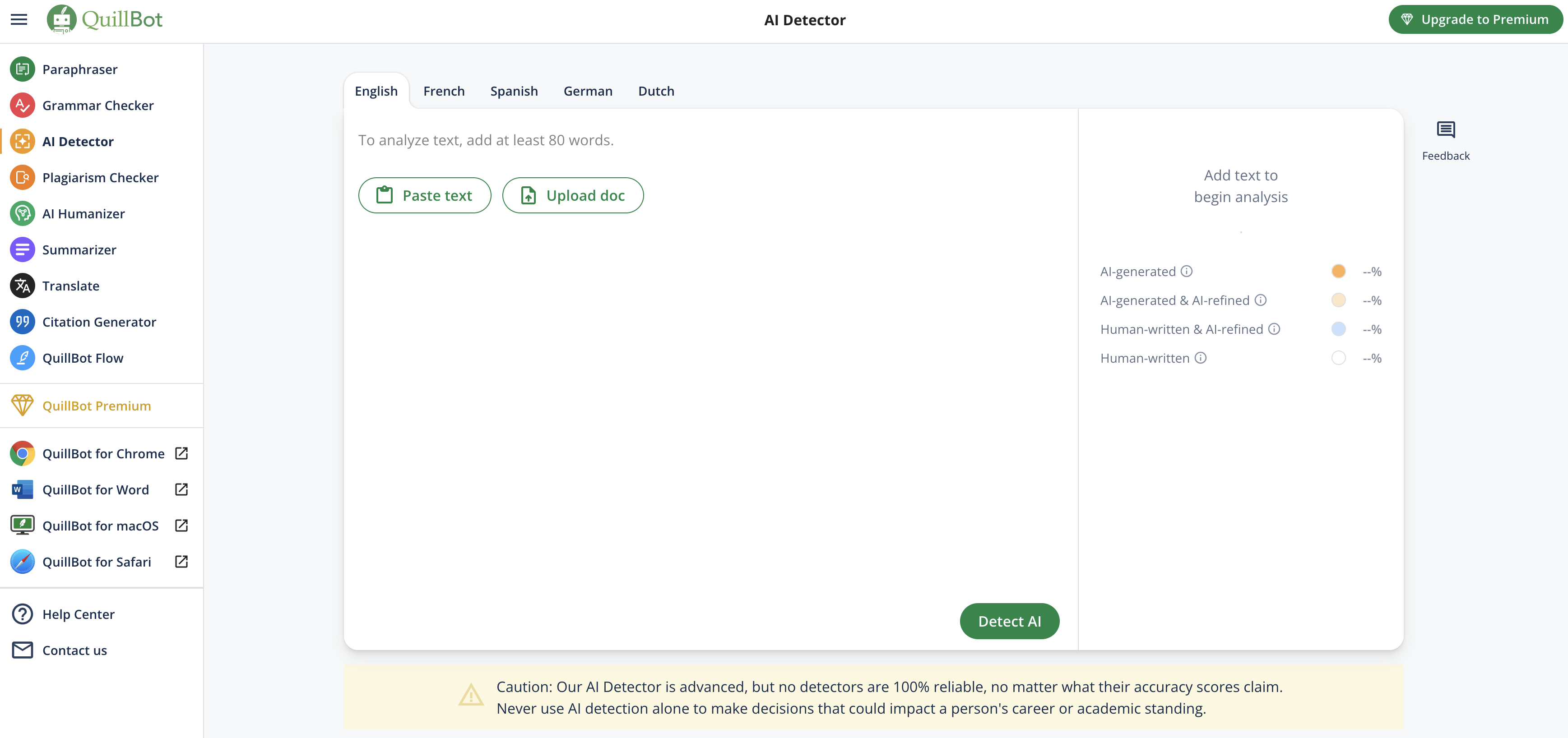 QuillBot AI's AI detector page