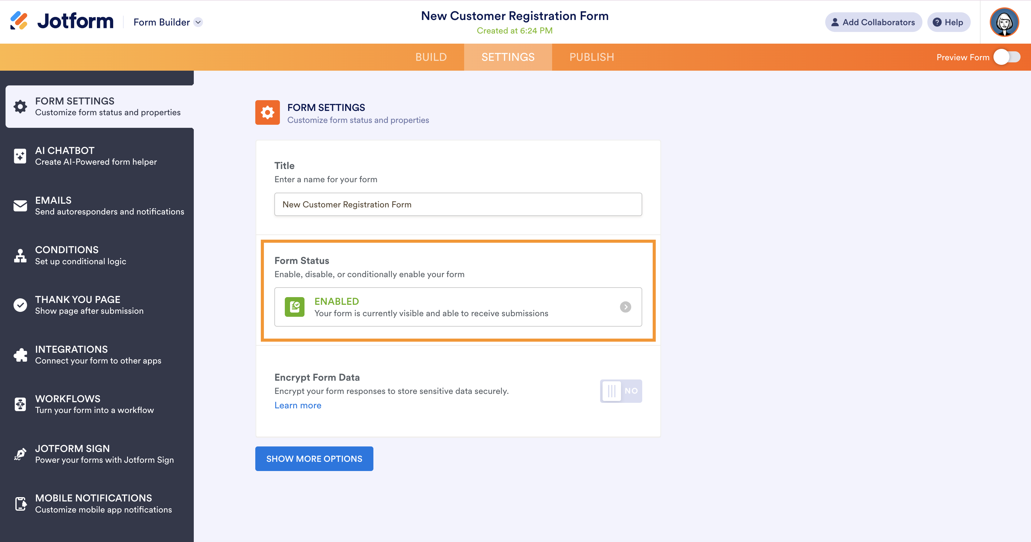 Halaman pengaturan formulir Jotform yang menunjukkan status formulir sebagai aktif