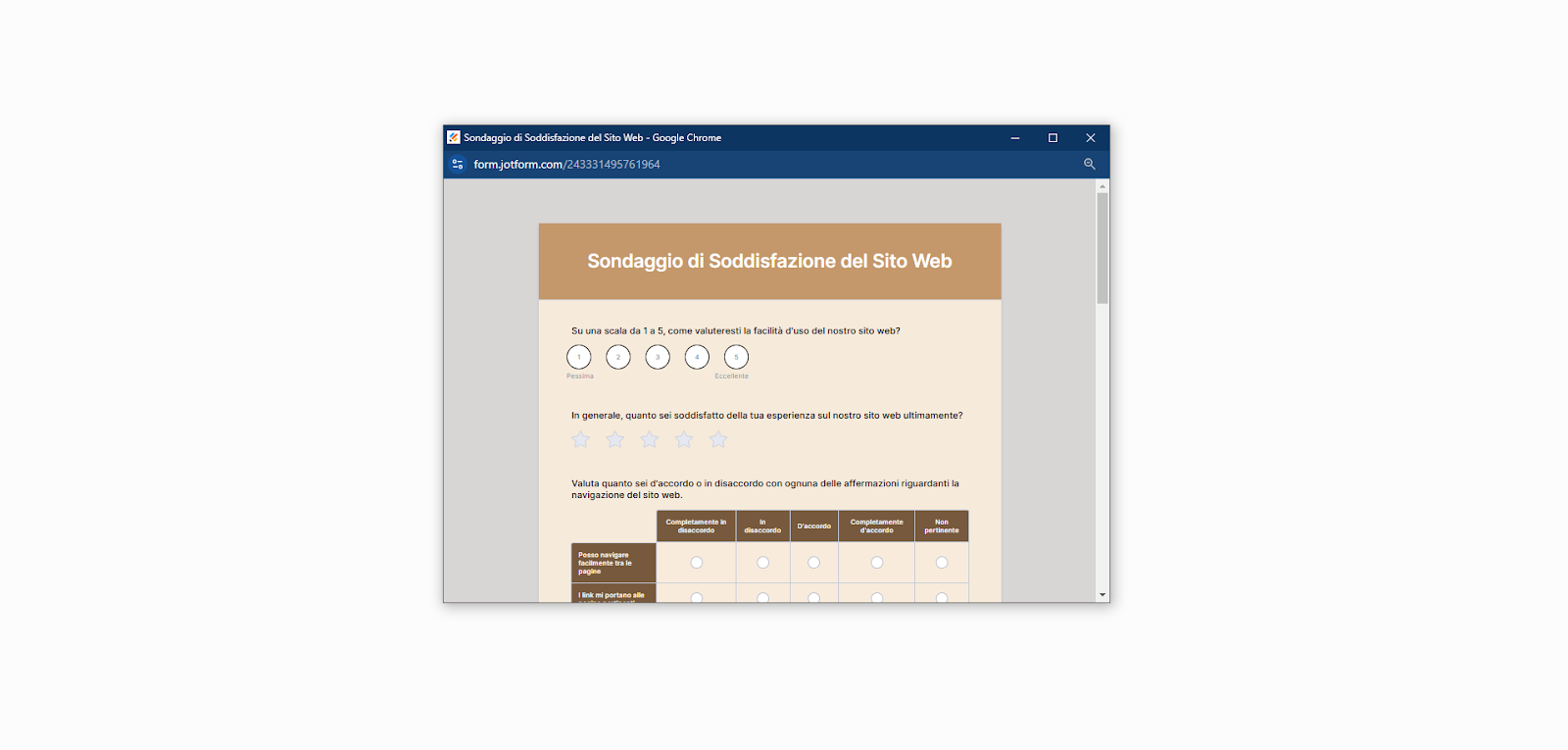 Screenshot del sondaggio di soddisfazione del sito web quando viene selezionata l'opzione di anteprima del Pop-up