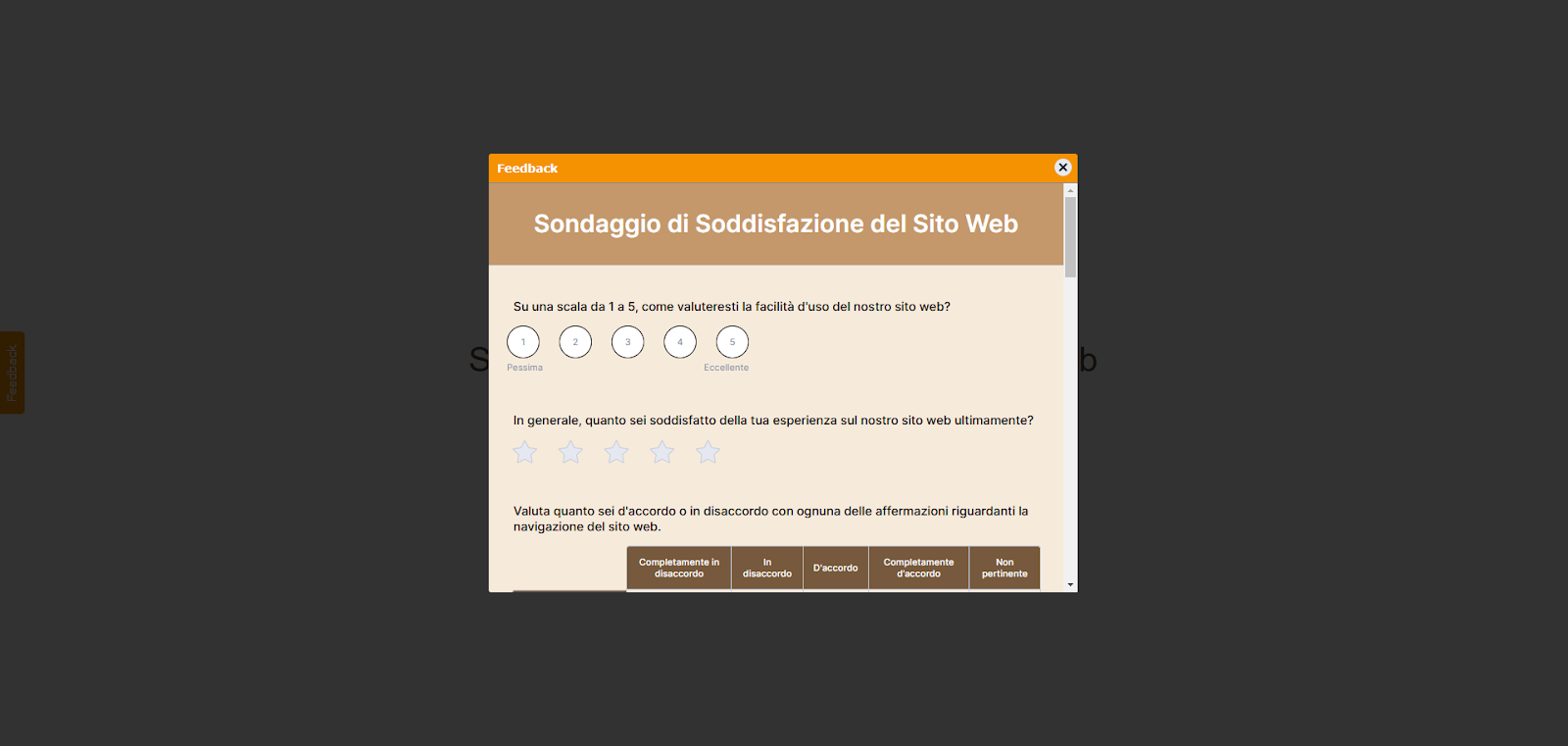 Screenshot dell'anteprima del sondaggio di soddisfazione del sito web visualizzato in una lightbox